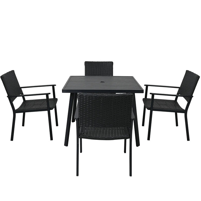Outdoor patio PE wicker 5-piece dining table set with umbrella hole and 4 garden dining chairs, deck, black frame + black rattan
