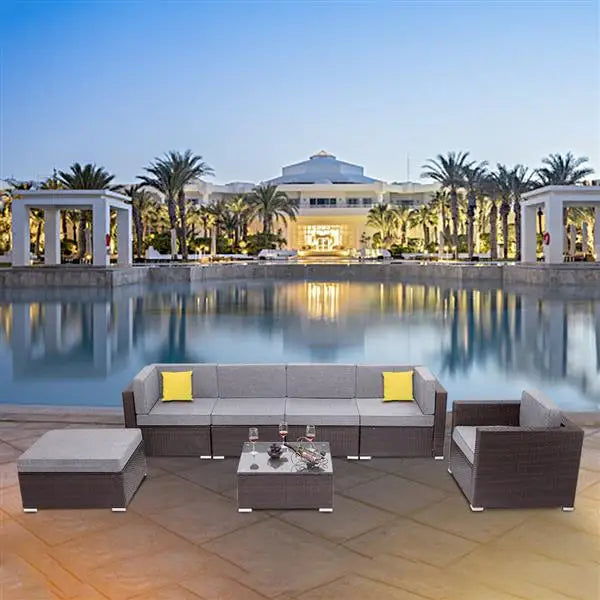 Oshion 7 Pieces Outdoor Patio PE Wicker Rattan Corner Sofa Set Included Tea Table