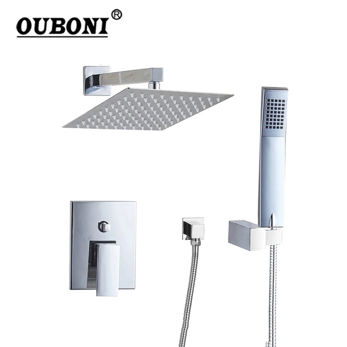 OUBONI 8 Inch Bathroom Shower Set Square Shower Head Wall Mounted Rainfall Bath Shower Faucet w/ Square Hand Shower Spout Set