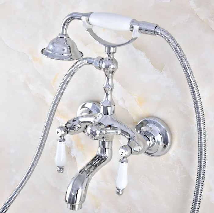 Silver Chrome Brass Wall Mounted Bathroom Bath Tub Faucet Set WITH/ 150CM Handheld Shower Spray Head Mixer Tap Dtf852