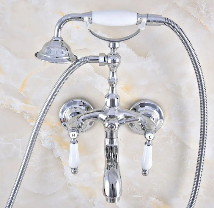 Silver Chrome Brass Wall Mounted Bathroom Bath Tub Faucet Set WITH/ 150CM Handheld Shower Spray Head Mixer Tap Dtf852