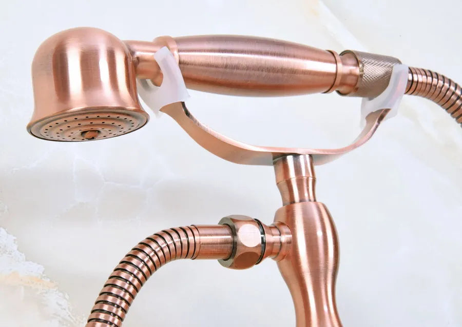 Deck Mounted Bath Tub Faucet Antique Red Copper Bathtub Faucets with Hand Shower Dual Handle Mixer Tap zna173