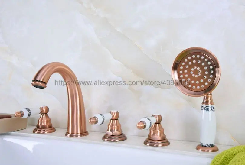 Deck Mounted 5 Hole 3 Handle Bathroom Bath Roman Tub Brass Basin Sink Mixer Faucet With Handshower Btf233