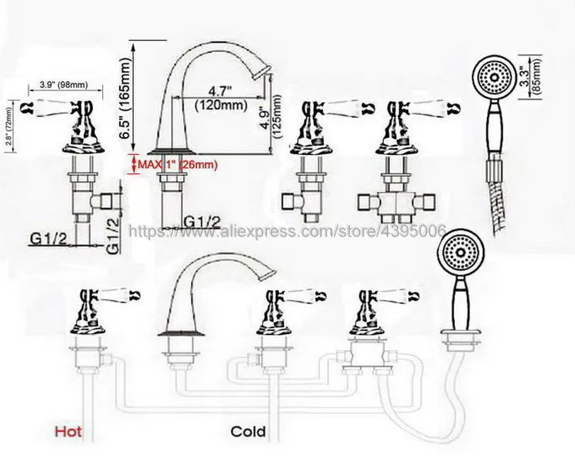 Deck Mounted 5 Hole 3 Handle Bathroom Bath Roman Tub Brass Basin Sink Mixer Faucet With Handshower Btf233