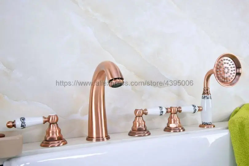 Deck Mounted 5 Hole 3 Handle Bathroom Bath Roman Tub Brass Basin Sink Mixer Faucet With Handshower Btf233