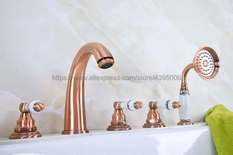 Deck Mounted 5 Hole 3 Handle Bathroom Bath Roman Tub Brass Basin Sink Mixer Faucet With Handshower Btf233
