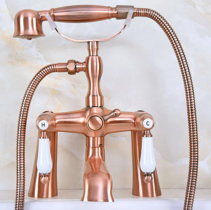 Deck Mounted Bath Tub Faucet Antique Red Copper Bathtub Faucets with Hand Shower Dual Handle Mixer Tap zna173