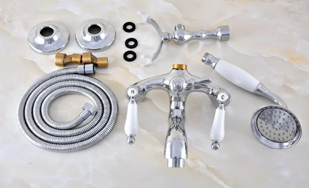 Silver Chrome Brass Wall Mounted Bathroom Bath Tub Faucet Set WITH/ 150CM Handheld Shower Spray Head Mixer Tap Dtf852