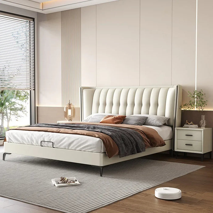 Italian minimalist leather bed, master bedroom, top layer cowhide bed, 1.8m double leather art bed, bedroom, high-end soft leath