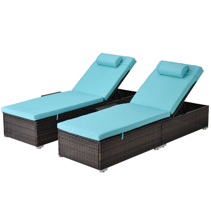 Outdoor PE Wicker Chaise Lounge - 2 Piece Patio Brown Rattan Reclining Chair Beach Pool Adjustable Backrest Recliners
