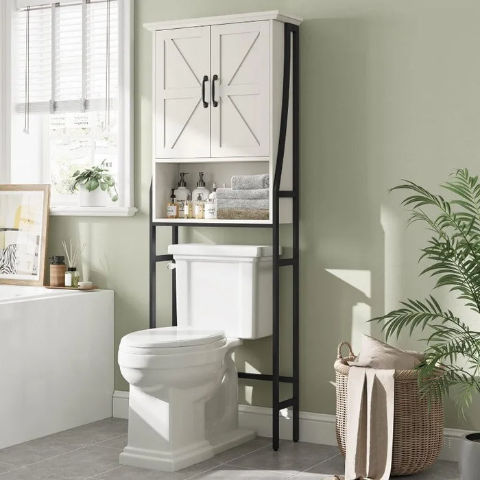 Over The Toilet Storage Cabinet, Over Toilet Bathroom Organizer, Above Toilet Storage Cabinet with Barn Doors Behind Toilet