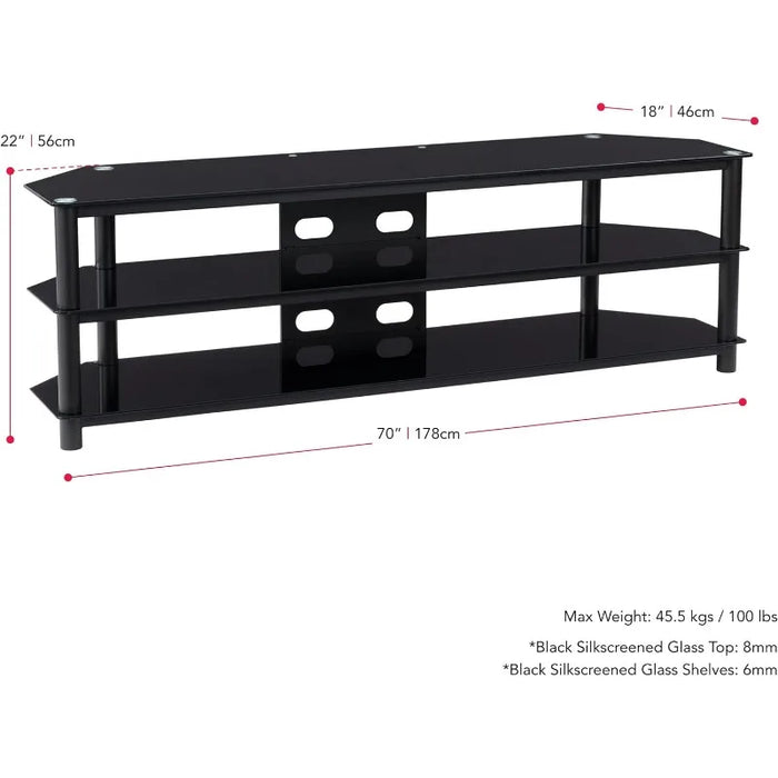 CorLiving Travers 3 Tier Tempered Safety Glass Steel Frame TV Bench Stand for TVs Up To 85 Inches with Cable Management System