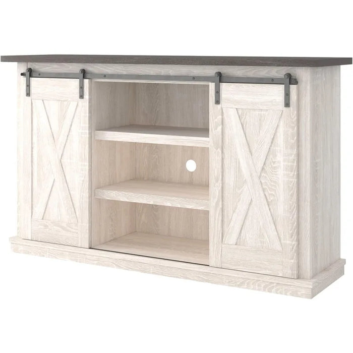 Signature Design by Ashley Dorrinson Farmhouse TV Stand Fits TVs up to 50" with Sliding Barn Doors and Storage Shelves