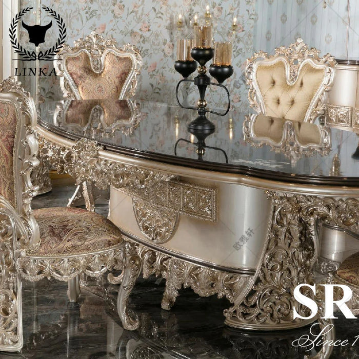 Custom-made European long dining table luxury all solid wood carved gold foil large-sized French dining table furniture