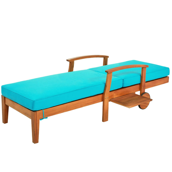 Outdoor Solid Wood 78.8" Chaise Lounge Patio Reclining Daybed with Cushion, Wheels and Sliding Cup Table for Backyard, Garden