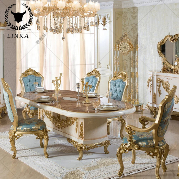 Custom court furniture European luxury aristocratic gold foil parquet long table villa dining table and chair combination