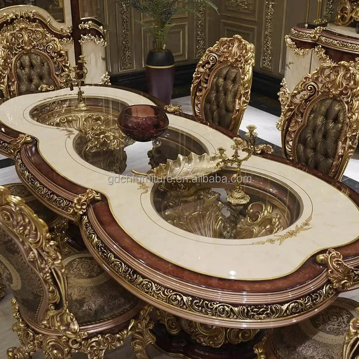 New French Hand Carved Antique Wood European Royal Baroque Round Dining Table and Chair Solid Wood Table Sets