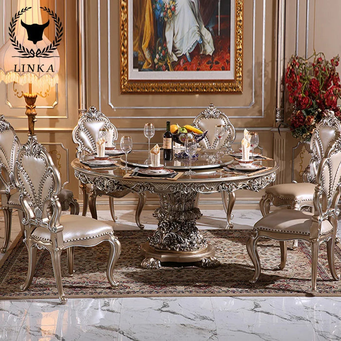 Custom European solid wood dining table and chair combination French round luxury carved retro restaurant furniture