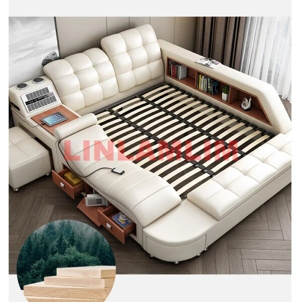 Linlamlim Genuine Leather Multifunctional Bed Ultimate Massage Camas Tech Smart Tatami Beds a Bluetooth,Speaker,Air Cleaner,Safe