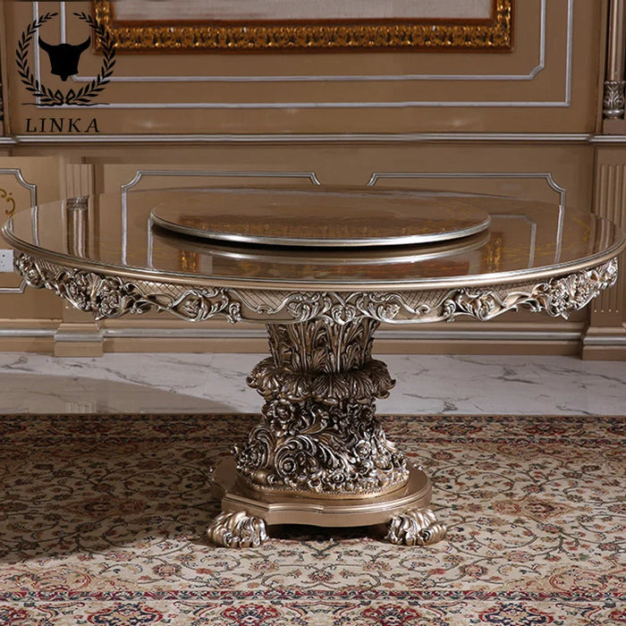Custom European solid wood dining table and chair combination French round luxury carved retro restaurant furniture