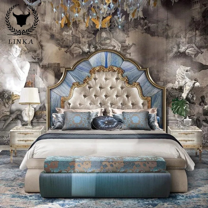 Custom French luxury solid wood double bed wedding bed European palace villa log carved princess bed