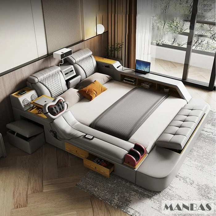 MINGDIBAO Tech Smart Bed - the Ultimate Multifunctional Bedframe with Genuine Leather, Massage, Speaker, Projector, Air Purifier
