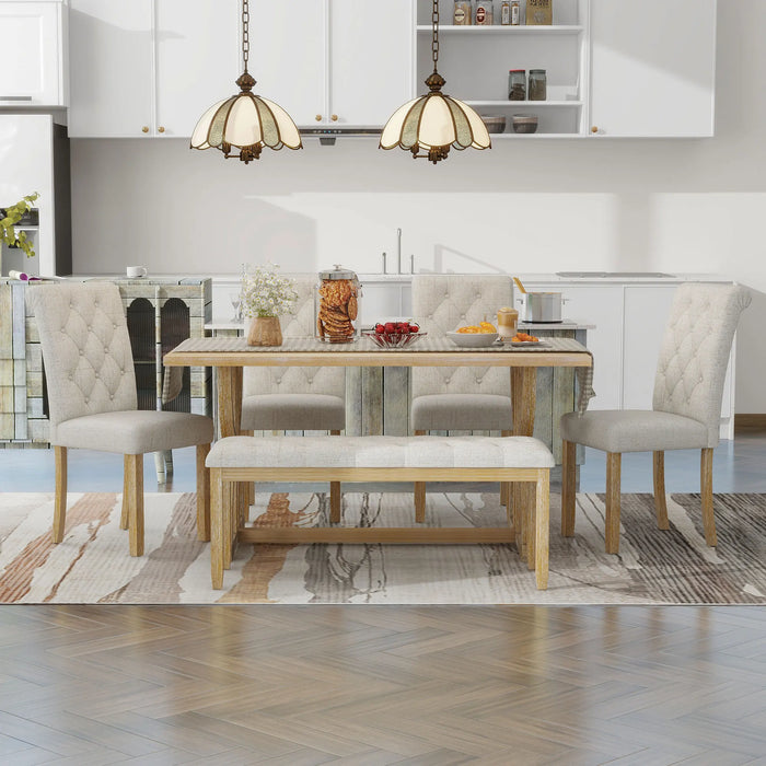 6-Piece Retro Rectangular Dining Table Set with Table,4 Upholstered Chairs,1 Bench for Dining Room,Natural Wood Wash