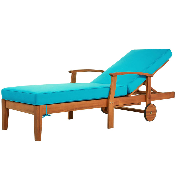 Outdoor Solid Wood 78.8" Chaise Lounge Patio Reclining Daybed with Cushion, Wheels and Sliding Cup Table for Backyard, Garden