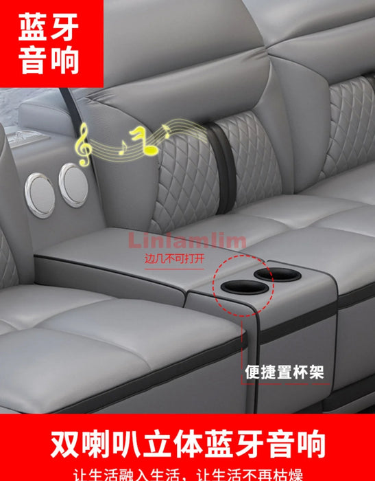 Italian Genuine Leather Sectional Sofa with Bluetooth, Speaker, Functional Headrest and Massage Chaise Lounge Couch