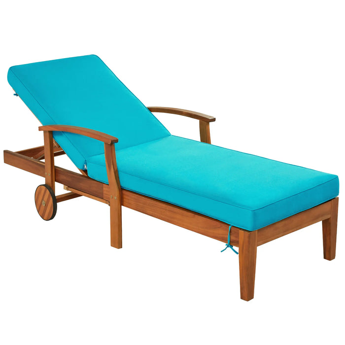 Outdoor Solid Wood 78.8" Chaise Lounge Patio Reclining Daybed with Cushion, Wheels and Sliding Cup Table for Backyard, Garden