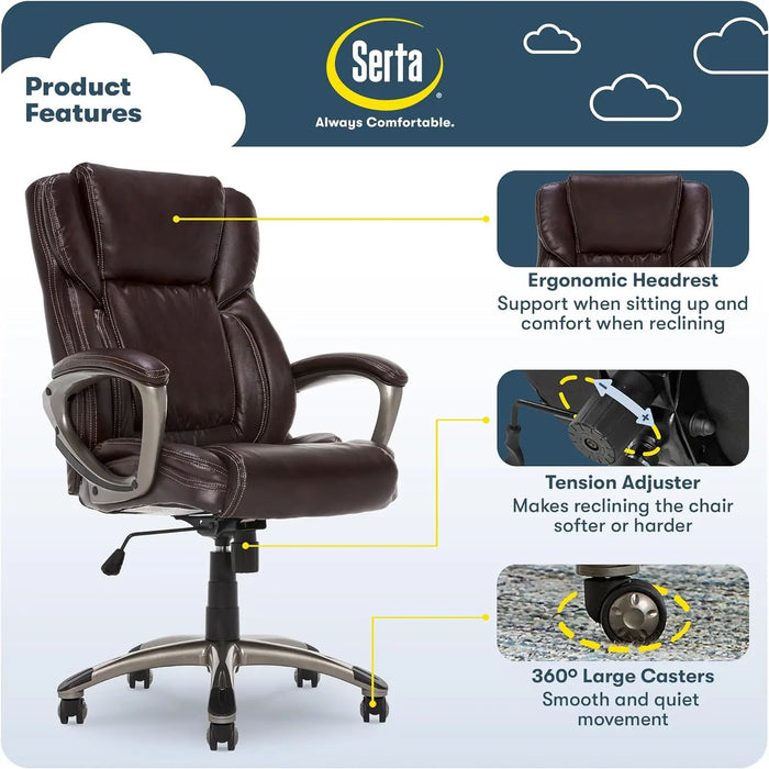 Executive Office Adjustable Ergonomic Computer Chair with Layered Body Pillows, Waterfall Seat Edge, Bonded Leather