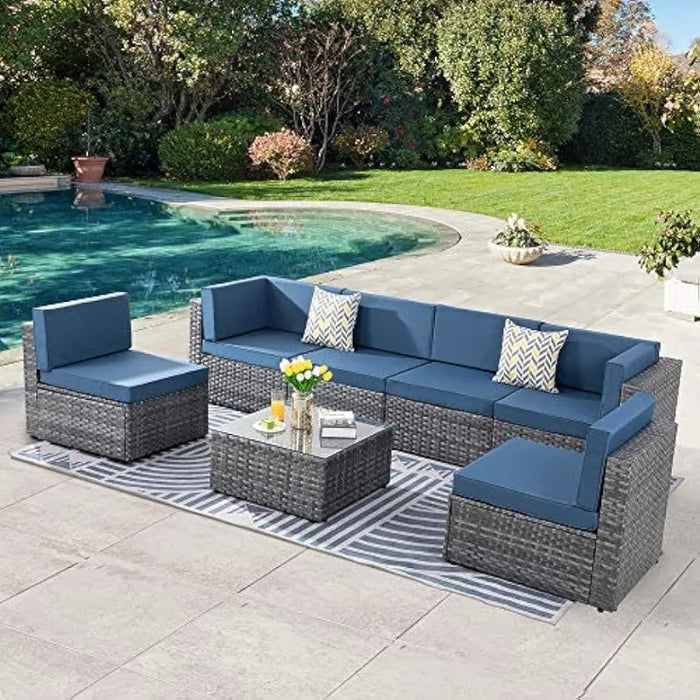 Silver Wicker Furniture Conversation Sets with Washable Cushions & Glass Coffee Table for Garden, Poolside, Backyard