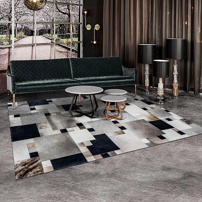 Cowhide Leather Pattern Print Carpet Irregular Living Room Gray Artist'S Product Geometric Floor Mat Black And White Gray Rugs