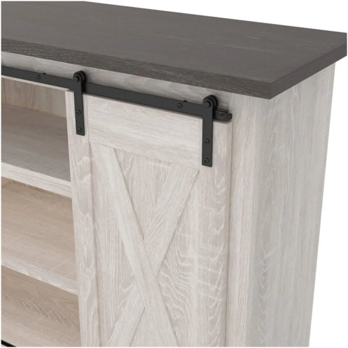Signature Design Farmhouse TV Stand Fits TVs up to 50" with Sliding Barn Doors and Storage Shelves, Whitewash & Gray