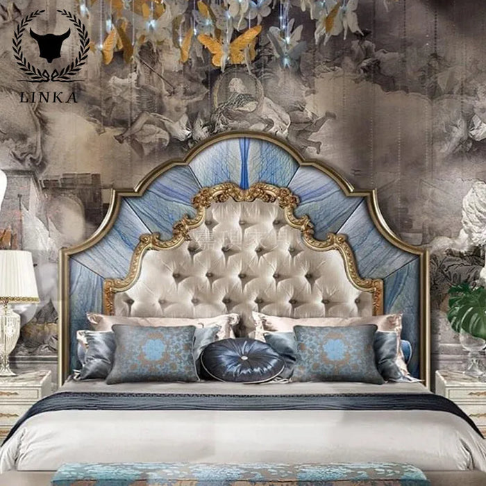 Custom French luxury solid wood double bed wedding bed European palace villa log carved princess bed