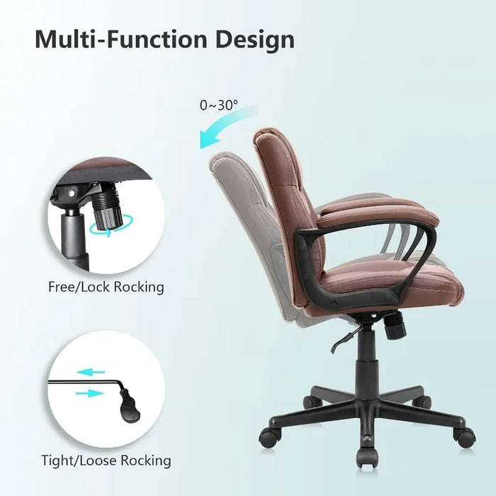 Shahoo Executive Office Chair Swivel Task Seat with Ergonomic Mid-Back, Waist Support, PU Leather, Brown Office Furniture