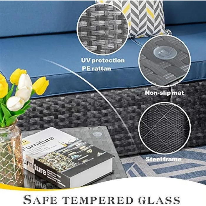 Silver Wicker Furniture Conversation Sets with Washable Cushions & Glass Coffee Table for Garden, Poolside, Backyard