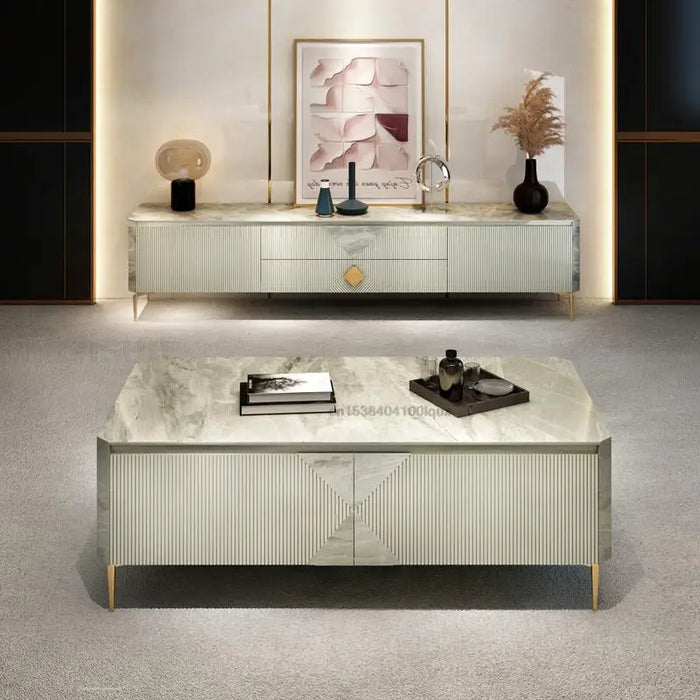 Italian Style Minimalist Floor Cabinet For Living Room Furniture Light Luxury Glossy Gray Rock Slab Top Design 1.8m Tv Stands