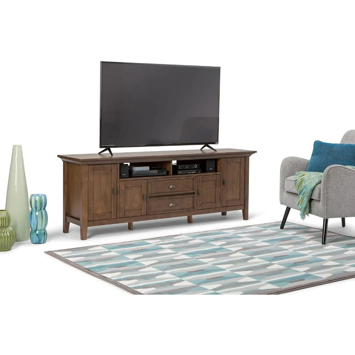 SIMPLIHOME Redmond SOLID WOOD 72 Inch Wide Transitional TV Media Stand in Rustic Natural Aged Brown For TVs up to 80 Inches