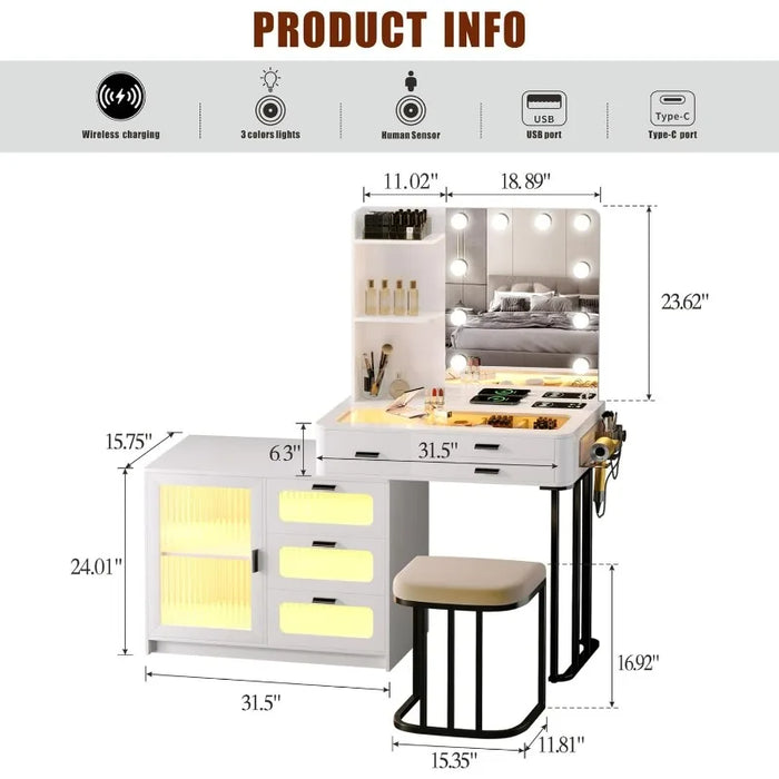Vanity Makeup Set with Mirror Lights: White Dressing Table with 6 Drawers/Large Storage - Vanity Makeup Table