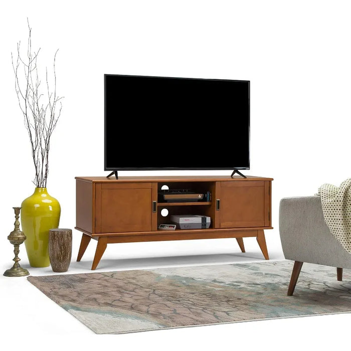 SIMPLIHOME Draper SOLID HARDWOOD 60 Inch Wide Mid Century Modern TV Media Stand in Teak Brown For TVs up to 65 Inches