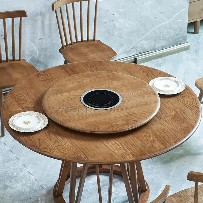 Classical Solid Wood Kitchen Table Sets 6 Chairs Extendable Round Dining Tables With Turntable For Dinner Minimalist Furniture