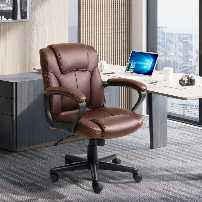 Shahoo Executive Office Chair Swivel Task Seat with Ergonomic Mid-Back, Waist Support, PU Leather, Brown Office Furniture
