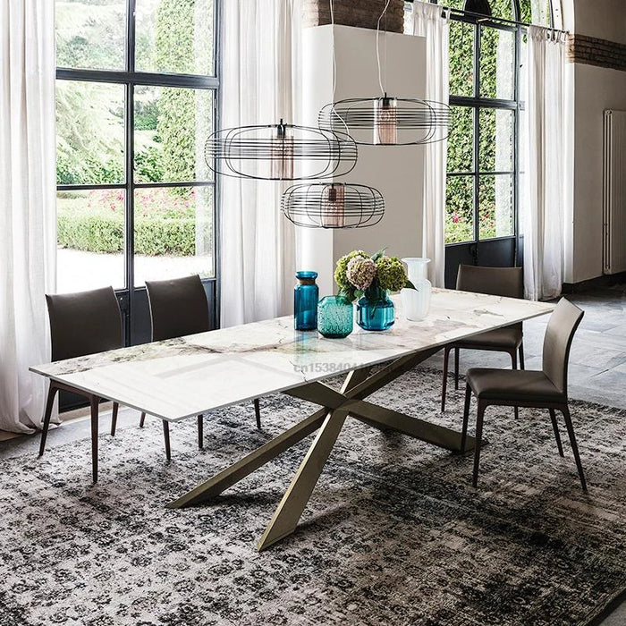 Italian Custom Light Luxury Rock Slab Kitchen Table And Chair Combination Modern Simple Rectangular Large Villa Dining Table Set
