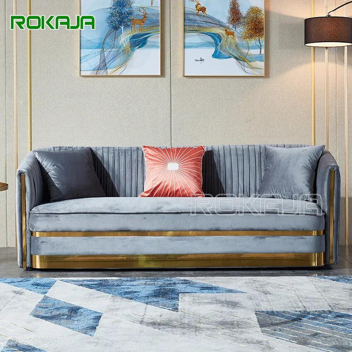 Italian Designer 3 pieces Sofa Set Velvet Grey Sofa Living Room Furniture Sets Gold Luxury Sectional Couch Cover Sofa