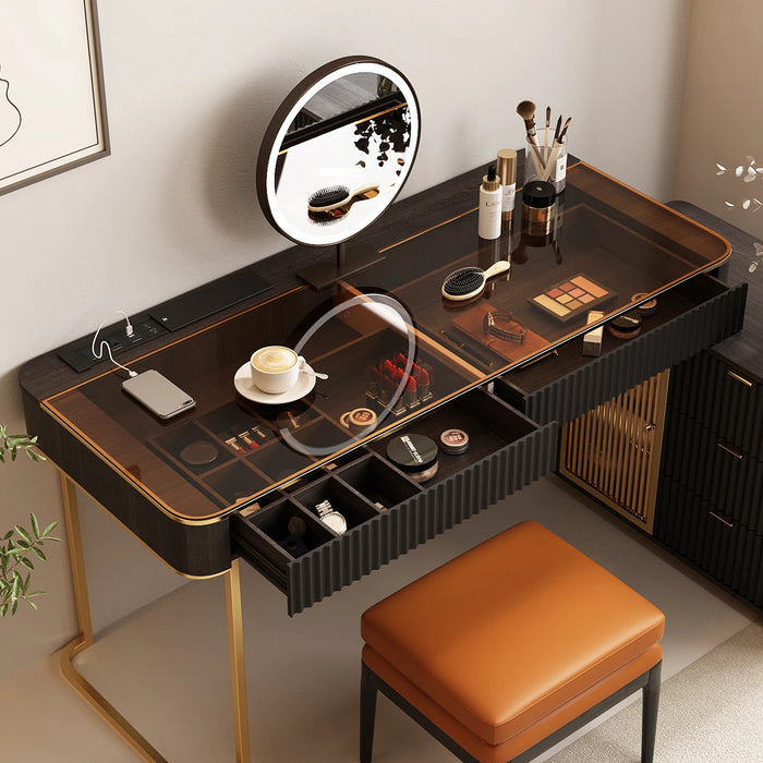Italian Minimalist Computer Desk and Dressing Table Combo with Mirror, Luxurious and Expandable with Cabinets, Corner Bookshelf