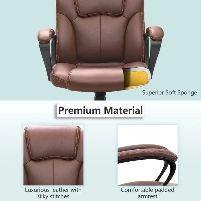 Shahoo Executive Office Chair Swivel Task Seat with Ergonomic Mid-Back, Waist Support, PU Leather, Brown Office Furniture