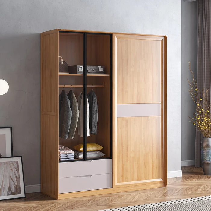 Custom solid wood sliding wardrobe two-door sliding door glass Japanese-style small apartment home bedroom with drawers modern m