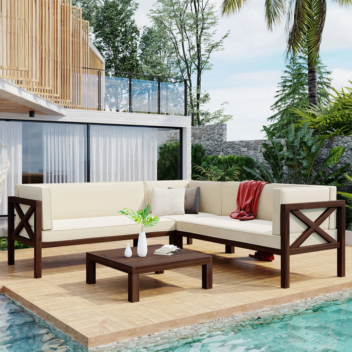 Outdoor furniture Set Wood Patio Backyard 4-Pc Sectional Seating Group with Cushions and Table X-Back Sofa Set for Small Places