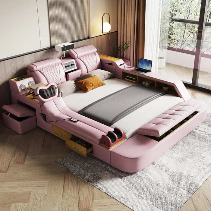 MINGDIBAO Tech Smart Bed - the Ultimate Multifunctional Bedframe with Genuine Leather, Massage, Speaker, Projector, Air Purifier
